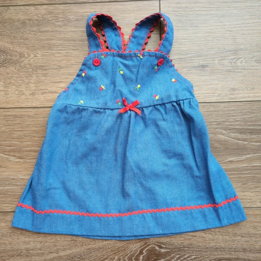 Vtg 80s Carters Denim Pinafore Overall Dress Shirt Floral Embroidery Toddler 24M
